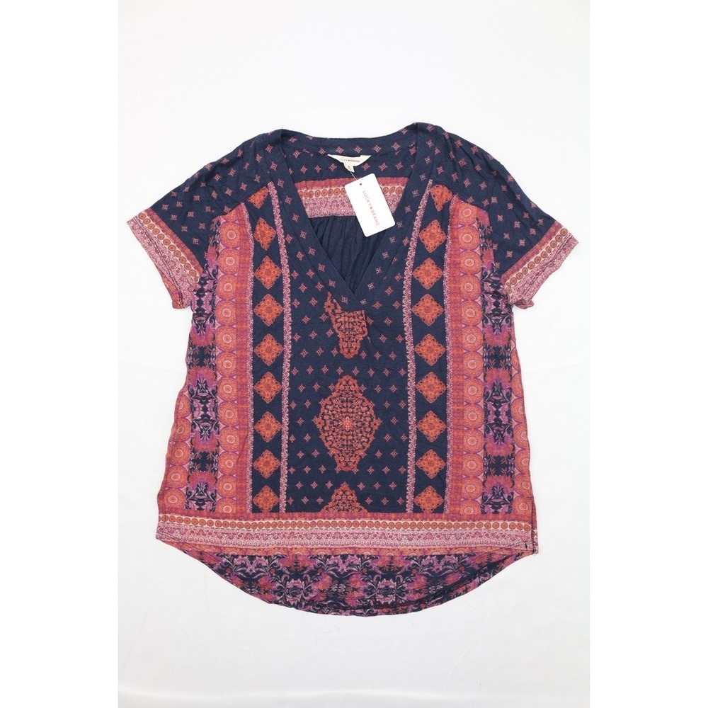 Lucky Brand Linen Blend Boho Hippie Printed Short Sleeve Shirt V-neck Women's  M